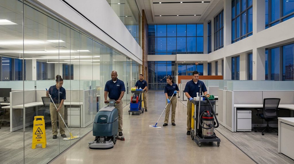 Custodial crew cleaning an office building corridor
