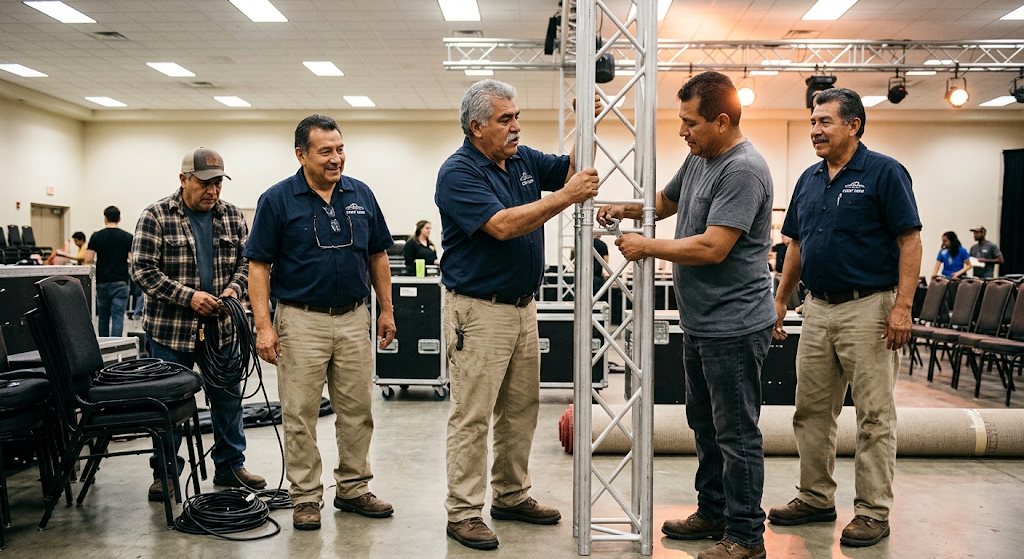 Event setup crew assembling truss in a venue hall