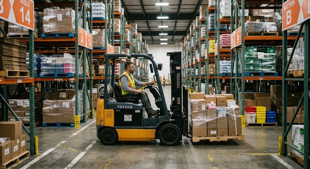 Forklift operator in a warehouse aisle