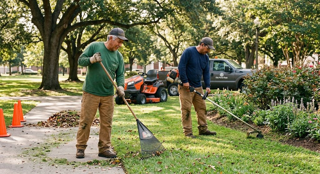 Grounds crew raking leaves and trimming a park lawn