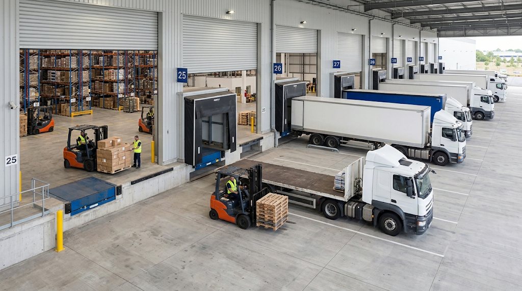 Forklifts loading trucks at a distribution center dock