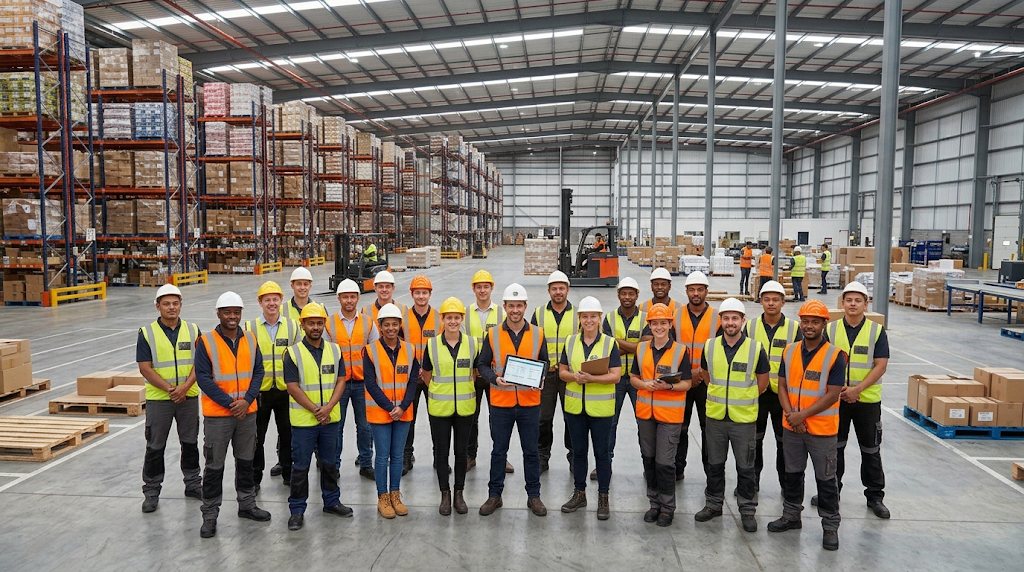PeopleTrust warehouse team in hi-vis vests and hard hats on a distribution center floor